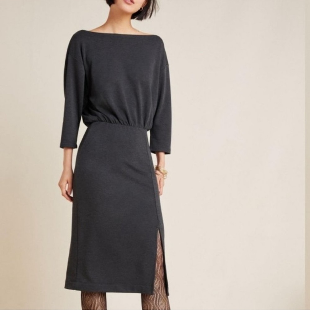 Anthropologie Gray Knit Column Boatneck Midi Dress Sz L Stretch Goth Grunge Punk